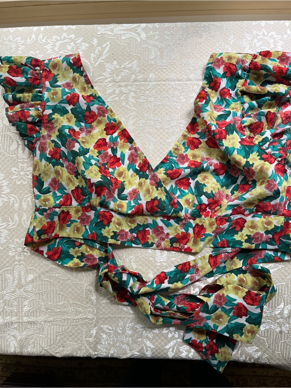 SHEIN Red & Yellow Floral Wrap Crop Top with Teal Leaves